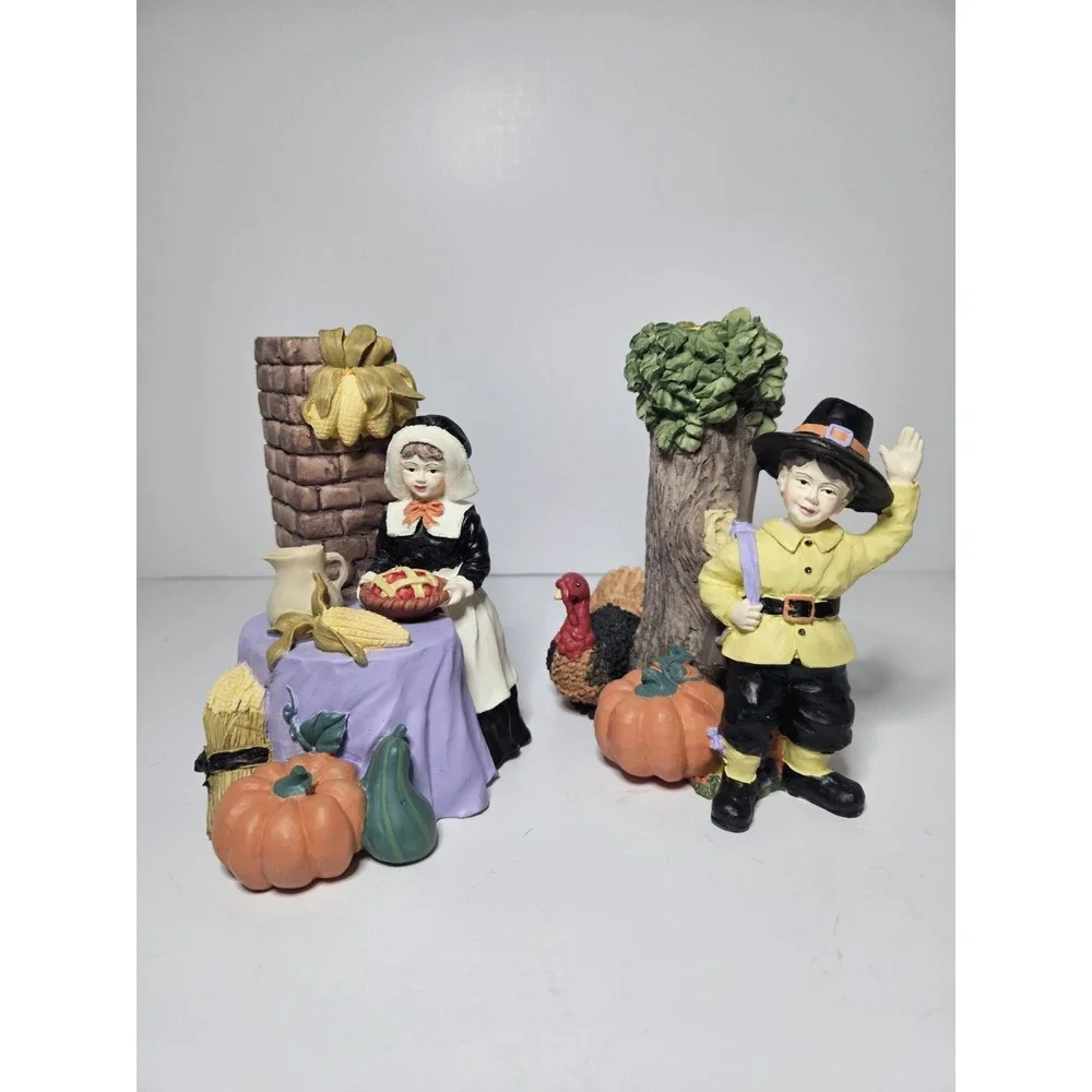 ABC Distributors Pilgrim Couple Thanksgiving Candle Holders Hand Painted Set Vtg